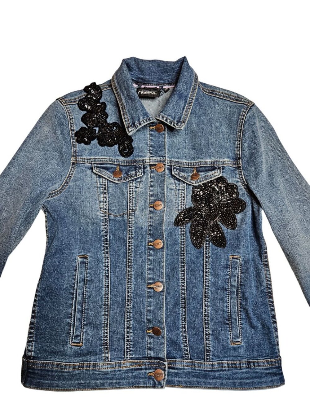 Nanette Lepore Womens XS Denim Button Jacket Black Sequin Floral Streetwear - Picture 6 of 11